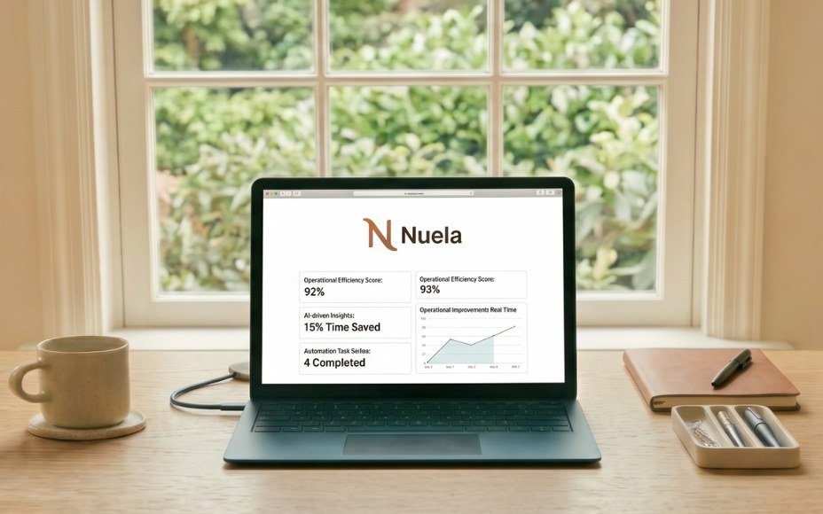Laptop on a desk showing operational efficiency metrics and AI-driven insights