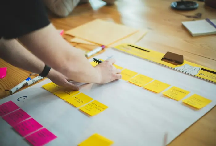 Hands arranging notes on a process map